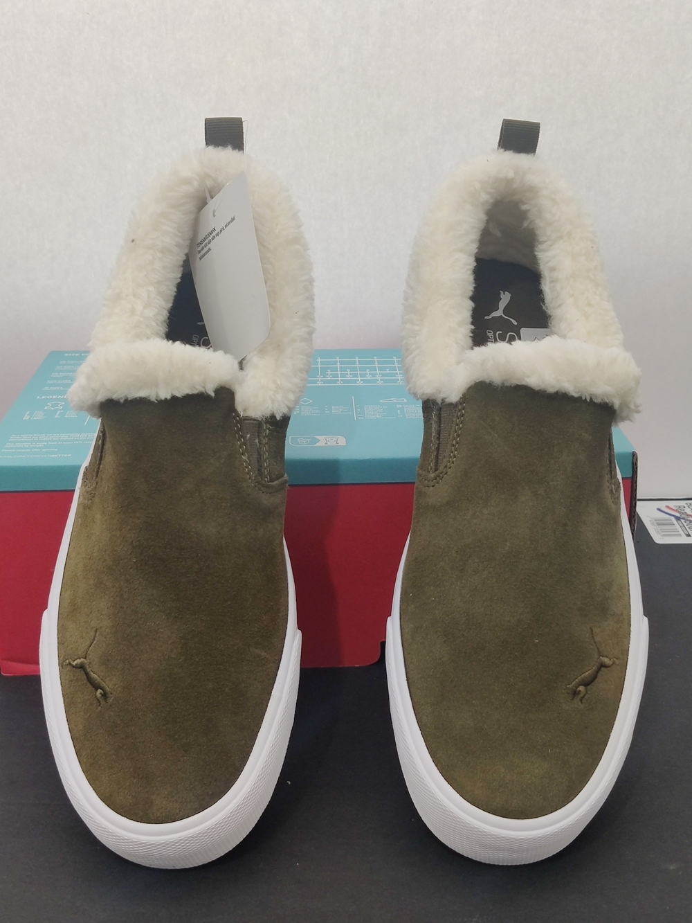 Puma Olive Green Suede Slip-On Sneakers with Cream Shearling Collar - Picture 4 of 7
